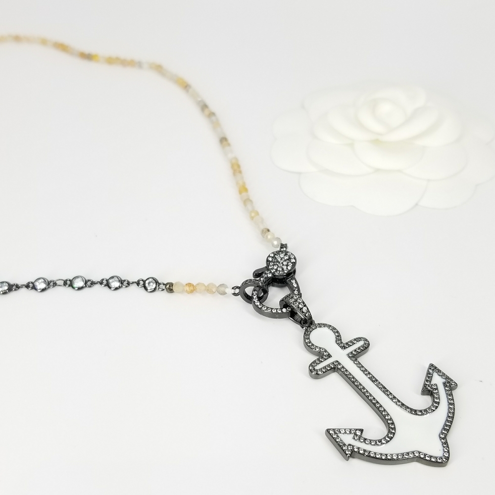 NEW White Enamel Anchor Charm Pave CZ Necklace NWT - Picture 7 of 8